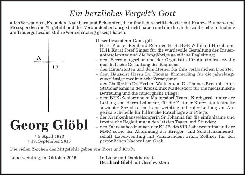 Traueranzeige Georg Glöbl