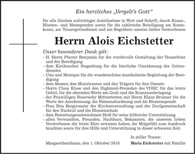 Traueranzeige Alois Eichstetter