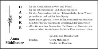 Traueranzeige Anna Mühlbauer