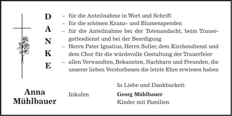 Traueranzeige Anna Mühlbauer