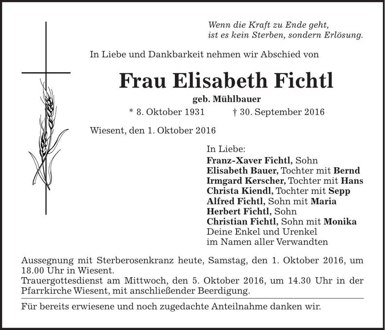 Traueranzeige Elisabeth Fichtl