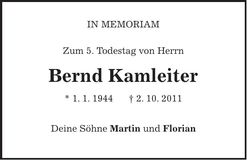 Traueranzeige Bernd Kamleiter