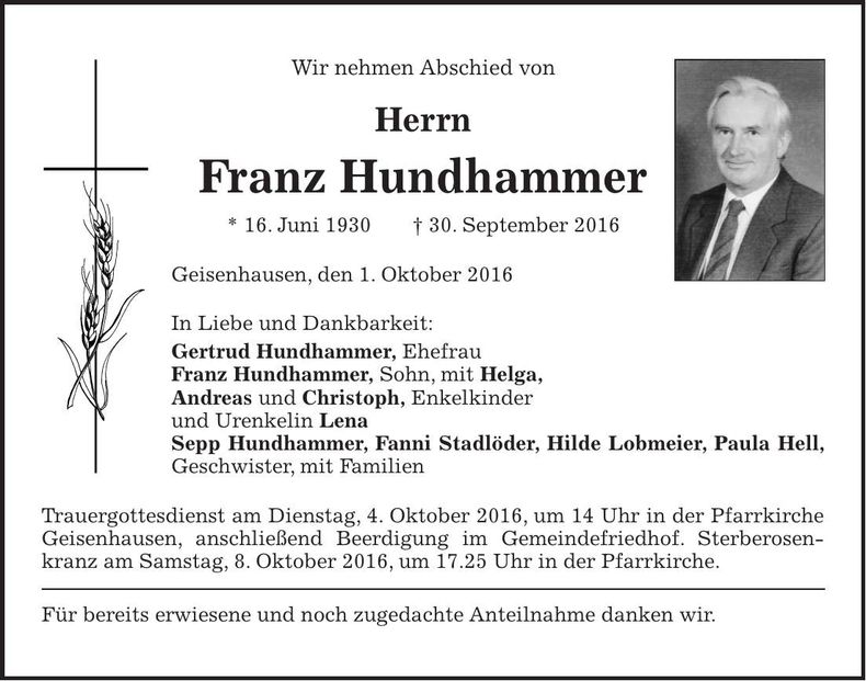 Traueranzeige Franz Hundhammer