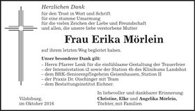 Traueranzeige Erika Mörlein
