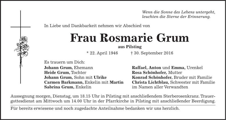 Traueranzeige Rosmarie Grum