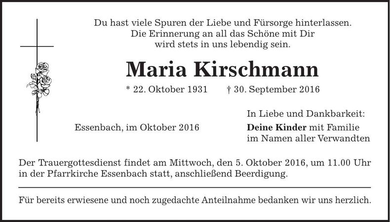 Traueranzeige Maria Kirschmann