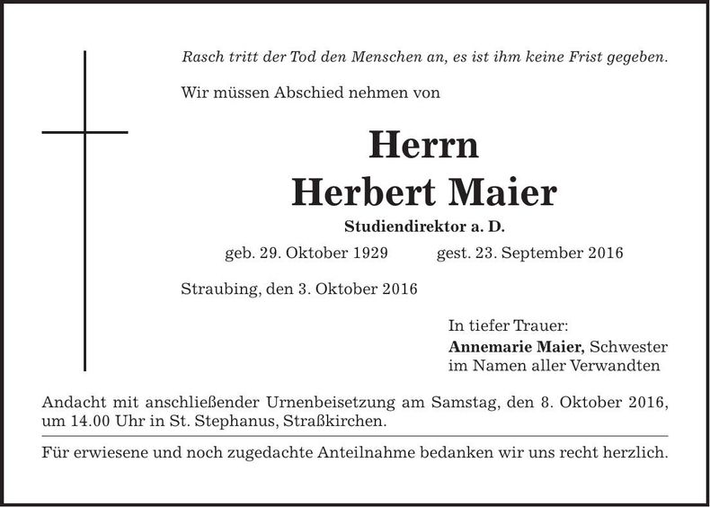 Traueranzeige Herbert Maier