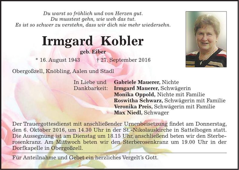 Traueranzeige Irmgard Kobler