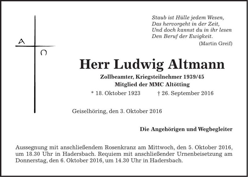 Traueranzeige Ludwig Altmann