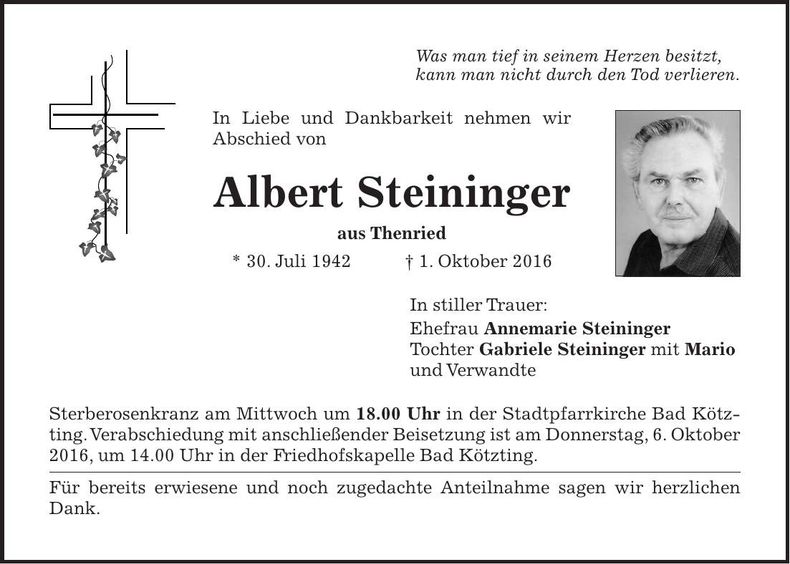 Traueranzeige Albert Steininger