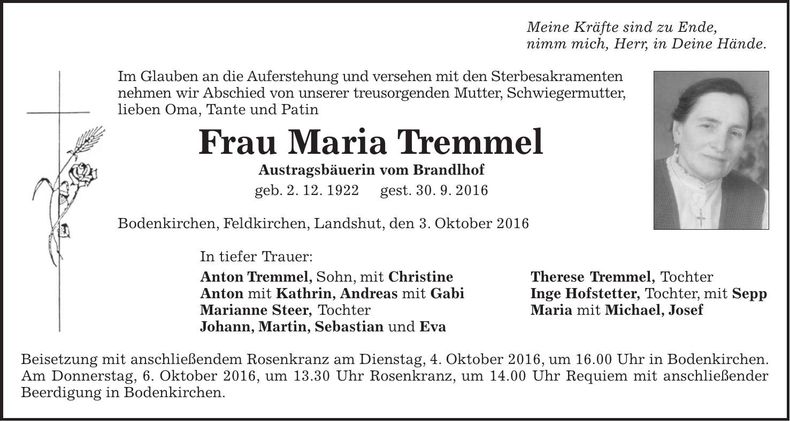 Traueranzeige Maria Tremmel