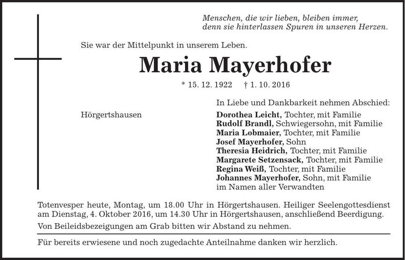 Traueranzeige Maria Mayerhofer