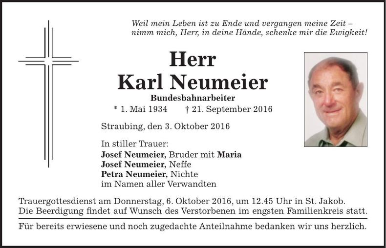 Traueranzeige Karl Neumeier