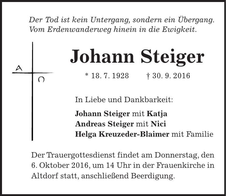 Traueranzeige Johann Steiger