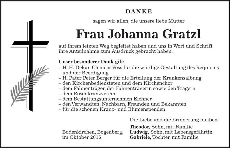 Traueranzeige Johanna Gratzl
