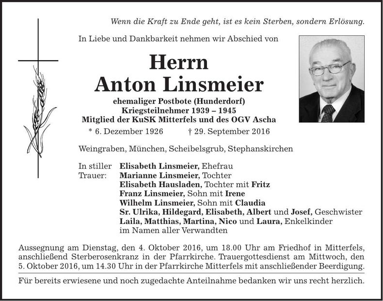 Traueranzeige Anton Linsmeier