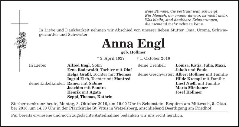 Traueranzeige Anna Engl