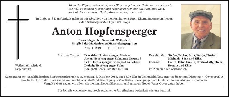 Traueranzeige Anton Hopfensperger
