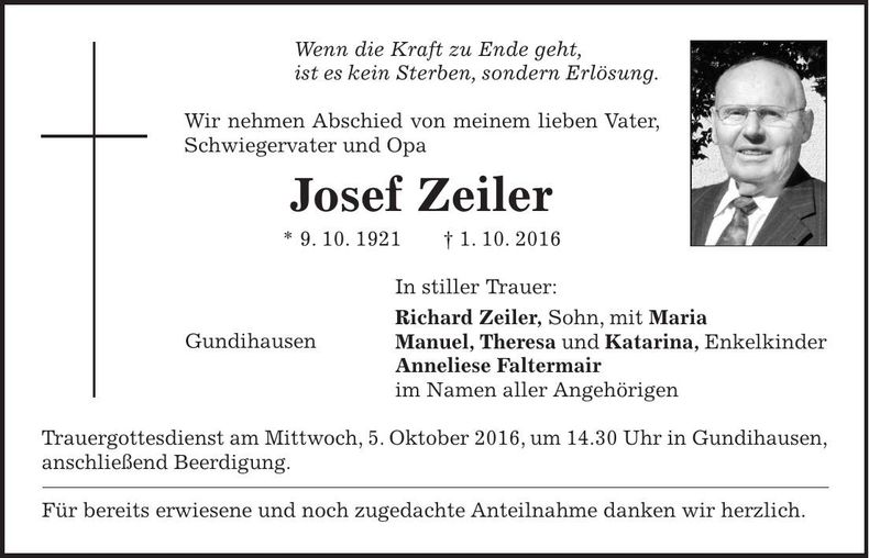 Traueranzeige Josef Zeiler