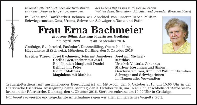 Traueranzeige Erna Bachmeier