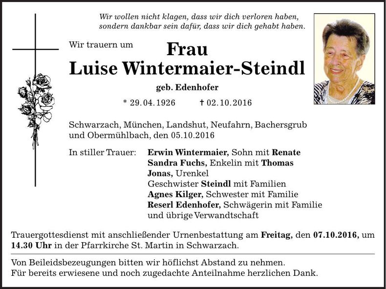 Traueranzeige Luise Wintermaier-Steindl