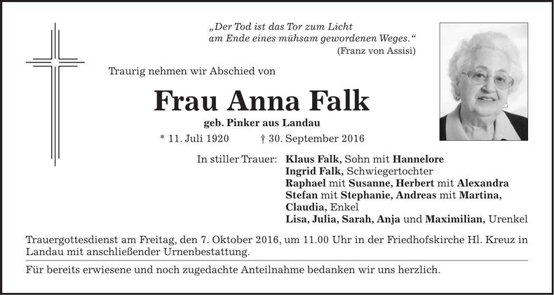 Traueranzeige Anna Falk