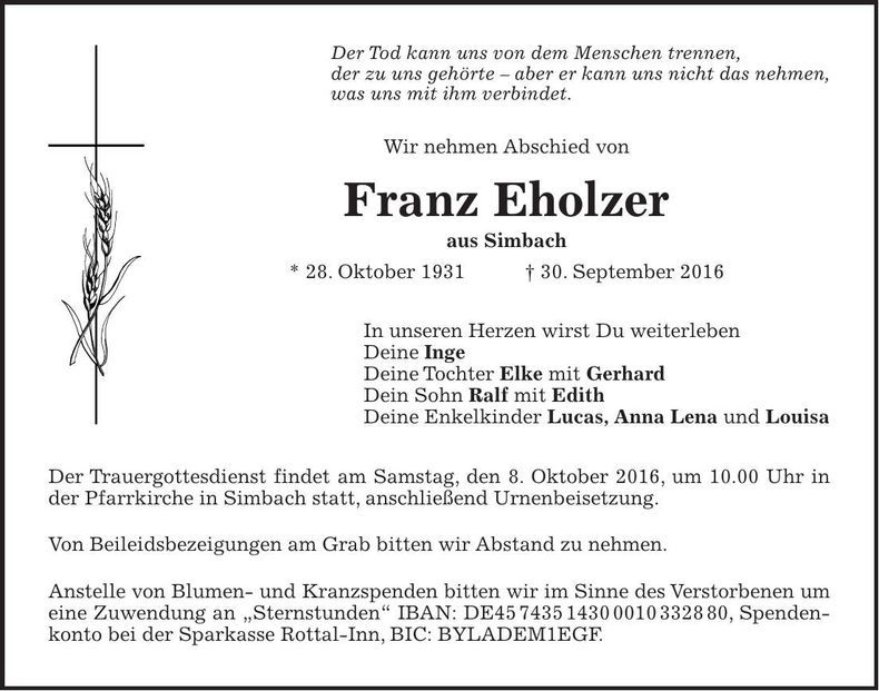 Traueranzeige Franz Eholzer