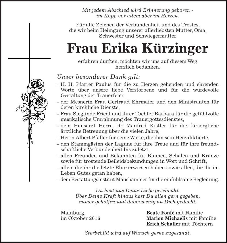Traueranzeige Erika Kürzinger