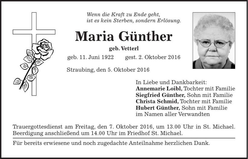Traueranzeige Maria Günther