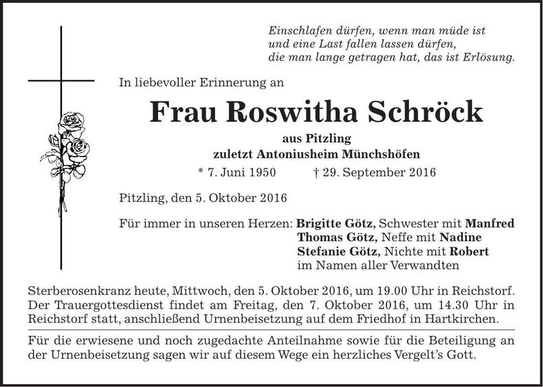Traueranzeige Roswitha Schröck