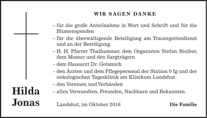 Traueranzeige Hilda Jonas