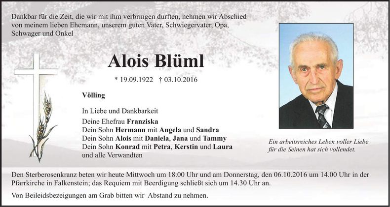 Traueranzeige Alois Blüml