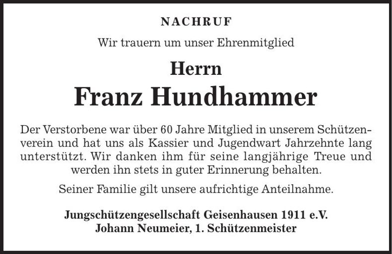 Traueranzeige Franz Hundhammer