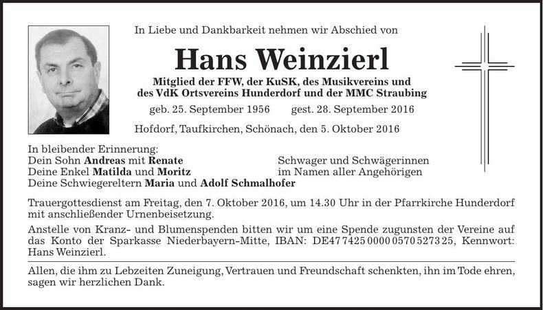 Traueranzeige Hans Weinzierl