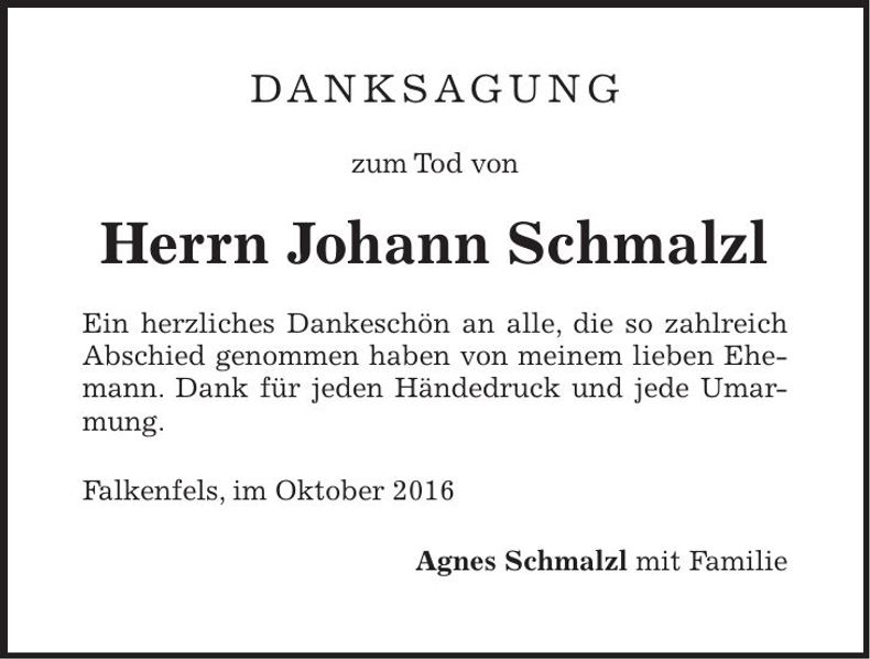 Traueranzeige Johann Schmalzl