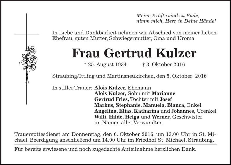 Traueranzeige Gertraud Kulzer