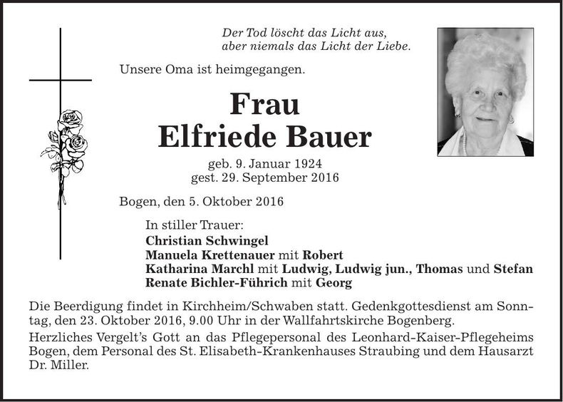 Traueranzeige Elfriede Bauer