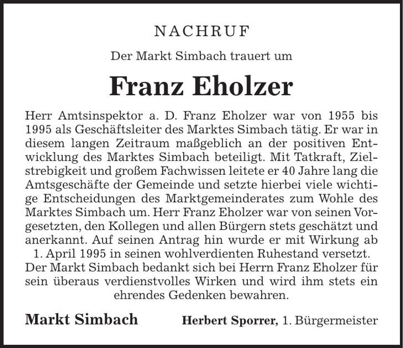 Traueranzeige Franz Eholzer