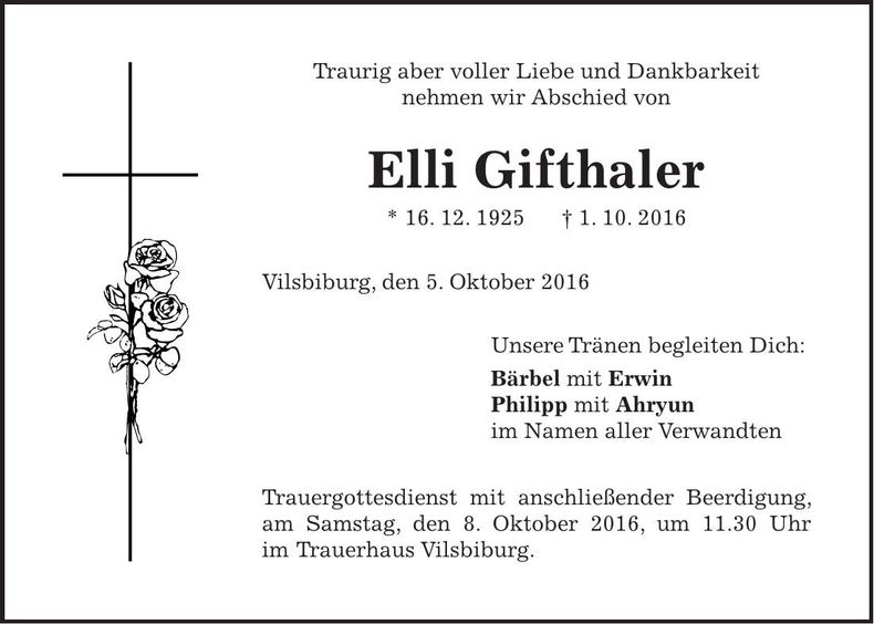 Traueranzeige Elli Gifthaler