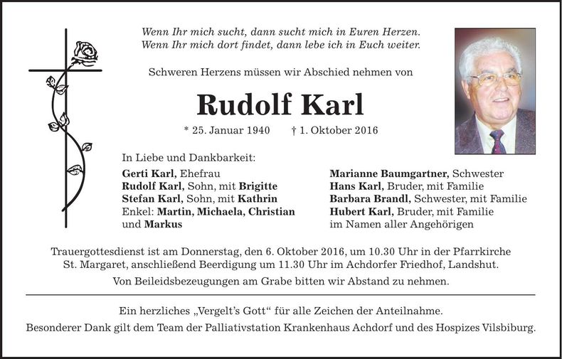Traueranzeige Rudolf Karl