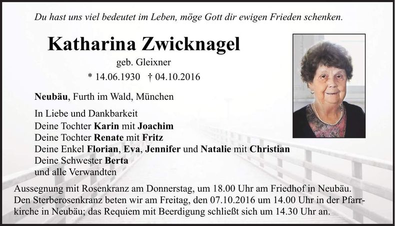 Traueranzeige Katharina Zwicknagel