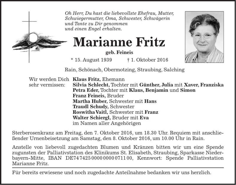 Traueranzeige Marianne Fritz