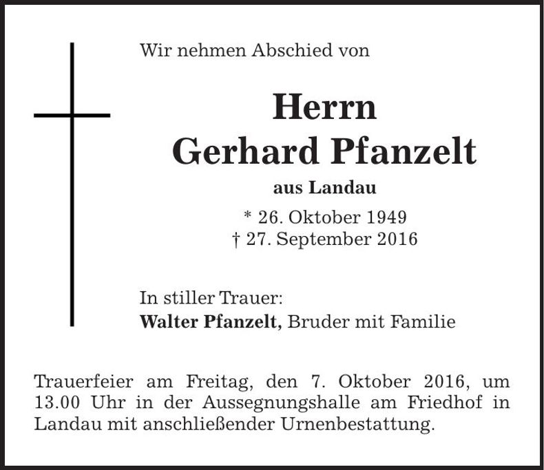 Traueranzeige Gerhard Pfanzelt