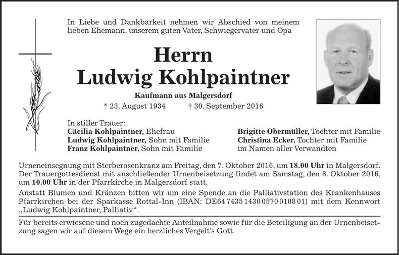 Traueranzeige Ludwig Kohlpaintner