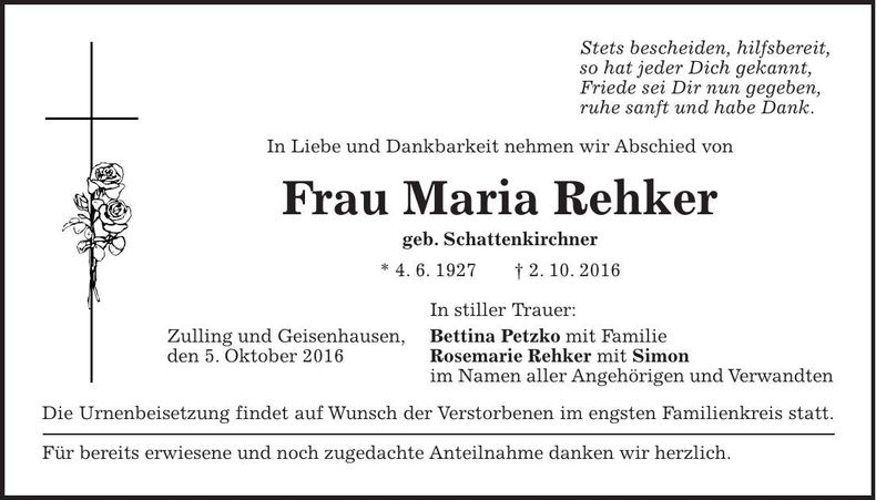Traueranzeige Maria Rehker