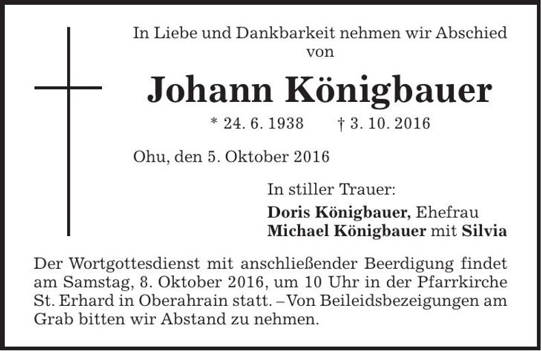 Traueranzeige Johann Königbauer