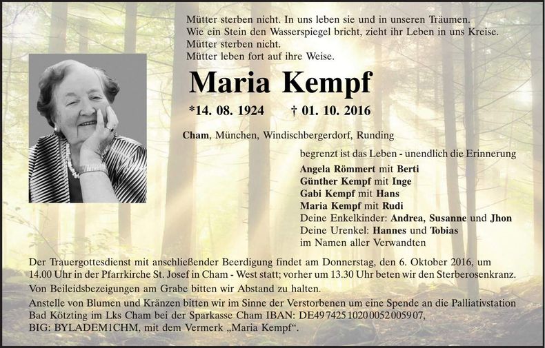 Traueranzeige Maria Kempf