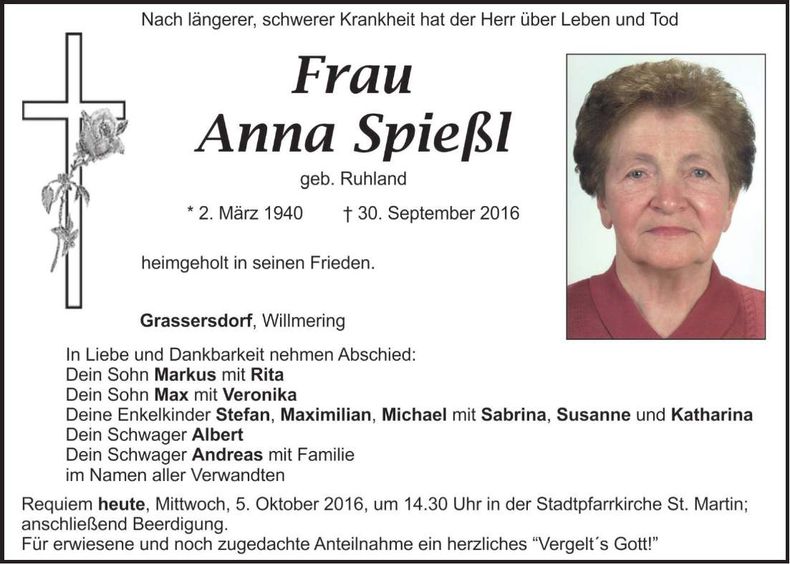 Traueranzeige Anna Spießl