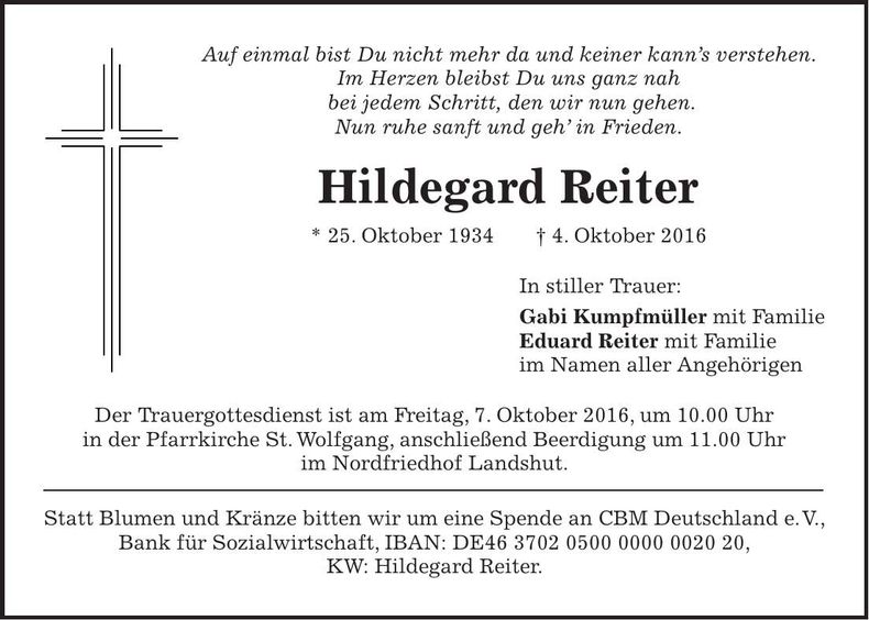 Traueranzeige Hildegard Reiter