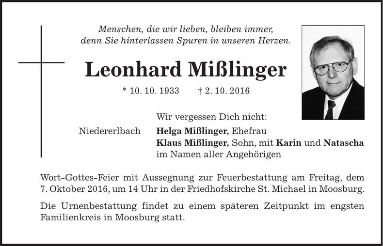 Traueranzeige Leonhard Mißlinger